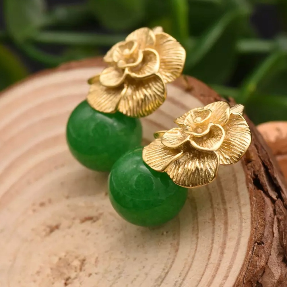 Gorgeous Gold Flower Jade Ball Earrings - Picture 1 of 6